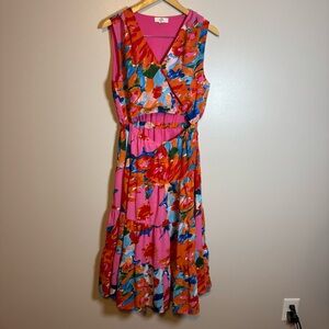 ENTRO Tropical Colorful Floral Tiered Cut Out Midi Dress Size M Casual Boho